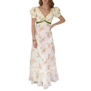 Vintage 70s Formal‎ Dress Ivory and Pink Floral Maxi Puffy Sleeves Size XS